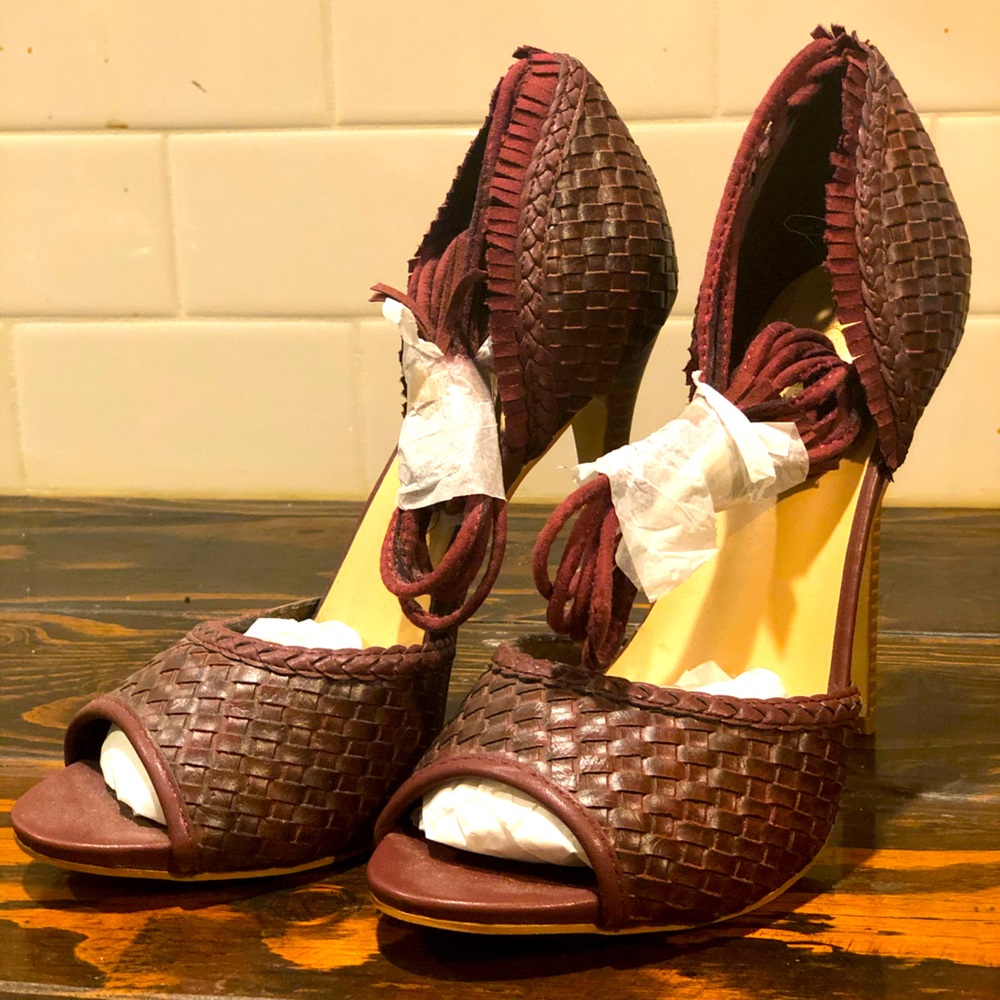 Woven Maroon Tie Up Heels